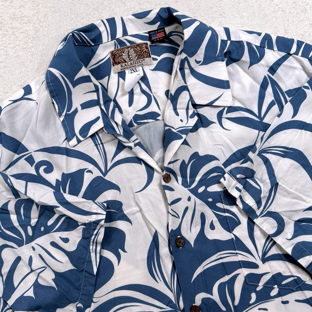 Kalaheo‎ Men's 2XL Blue White Monstera Leaf Rayon Hawaiian Shirt Made Hawaii